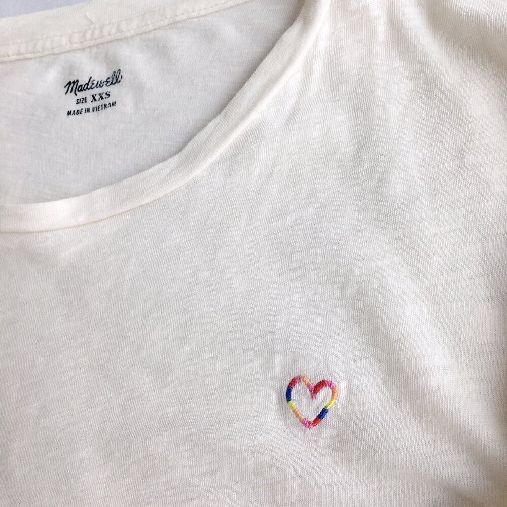 NWOT Madewell Rainbow Heart Embroidered Whisper Cotton Crewneck Tee